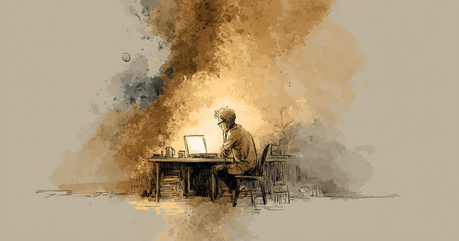A person thinking at a desk with a terminal window glowing nearby